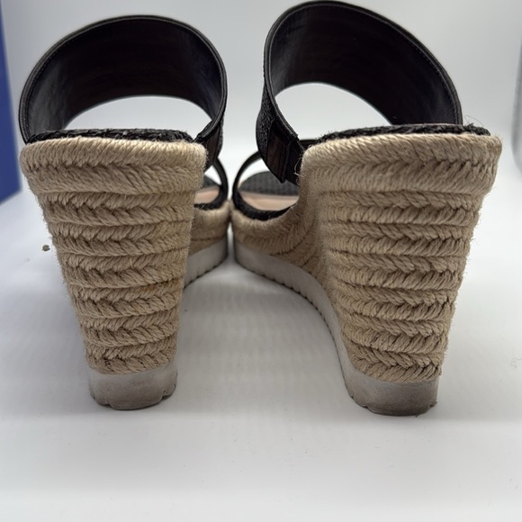 Stuart Weitzman Mykonos Two-Strap Wedge Sandals Herringbone Raffia & Black 38.5 - Picture 9 of 12